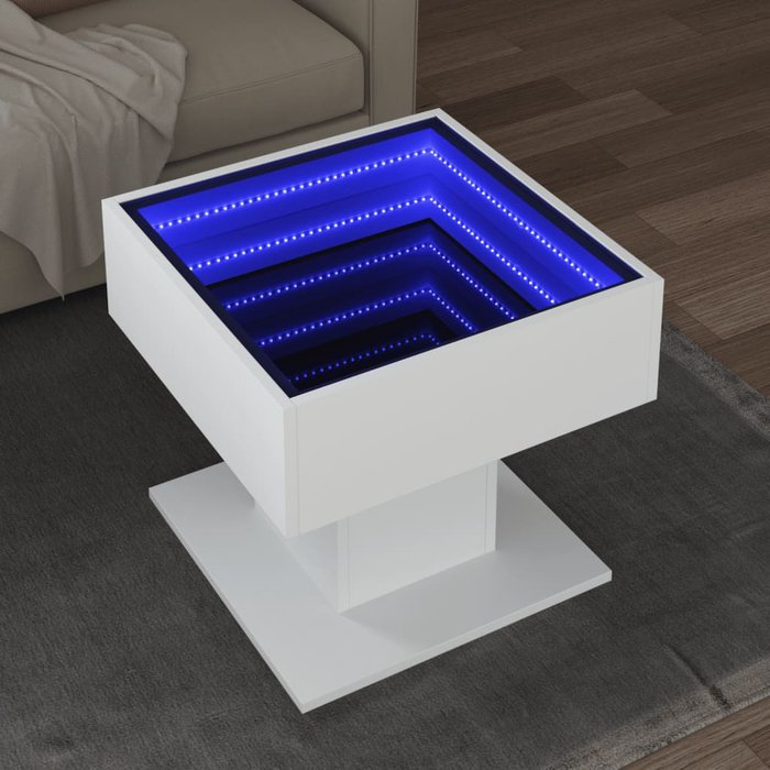 Mesa de centro con iluminación led blanca, 50x50x45 cm, madera de ingeniería.