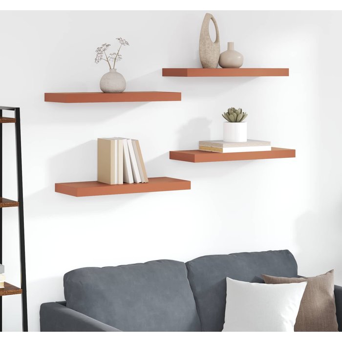 Estantería de pared, 4 piezas, roja, 60 x 23 x 4 cm, madera de ingeniería.