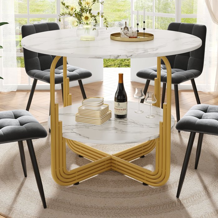 Mesa de comedor redonda para 4 personas (80x80x76cm), mdf, dorado