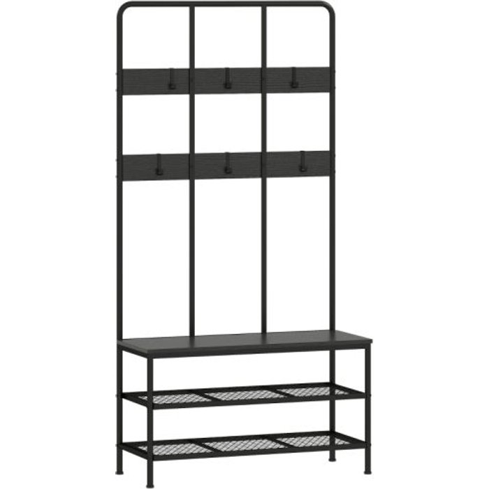 Perchero 3 en 1, ganchos para ropa, banco, zapatero, metal, aglomerado, negro