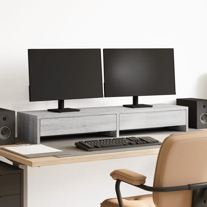Soporte para monitor con cajones, madera de ingeniería gris sonoma