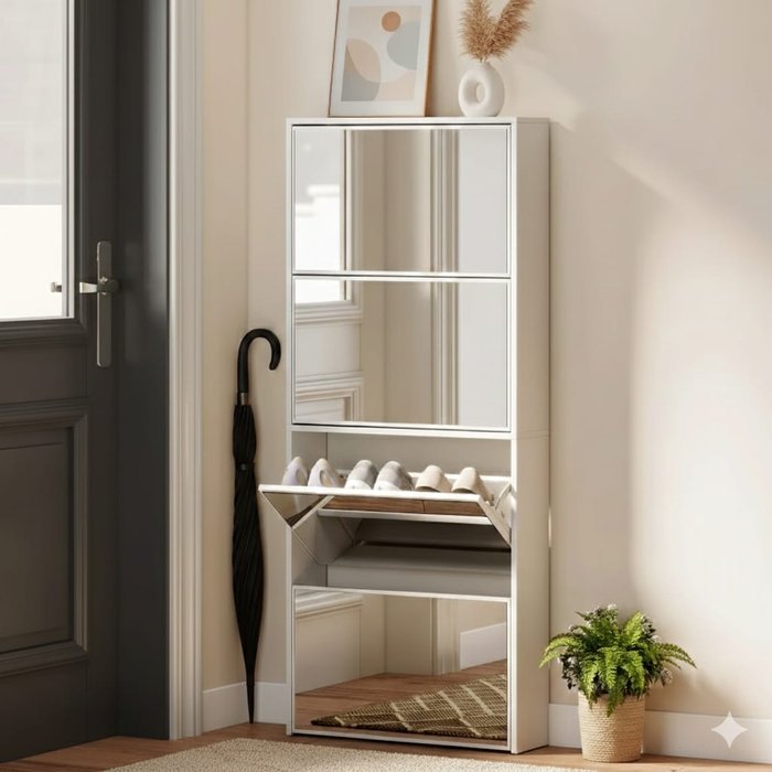 Zapatero essenza melamina blanco 63x17x146 cm con espejo y 4 puertas