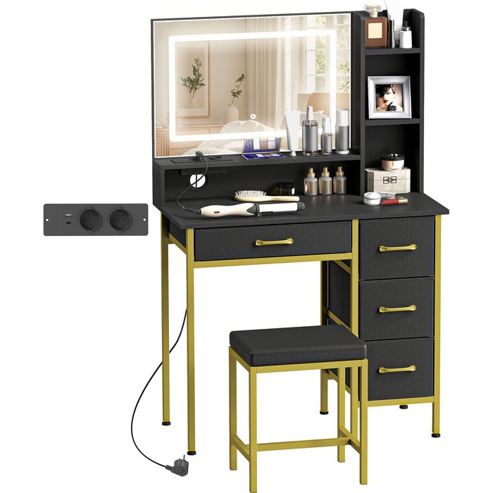 Tocador negro con espejo led y estación de carga - 4 cajones + taburete