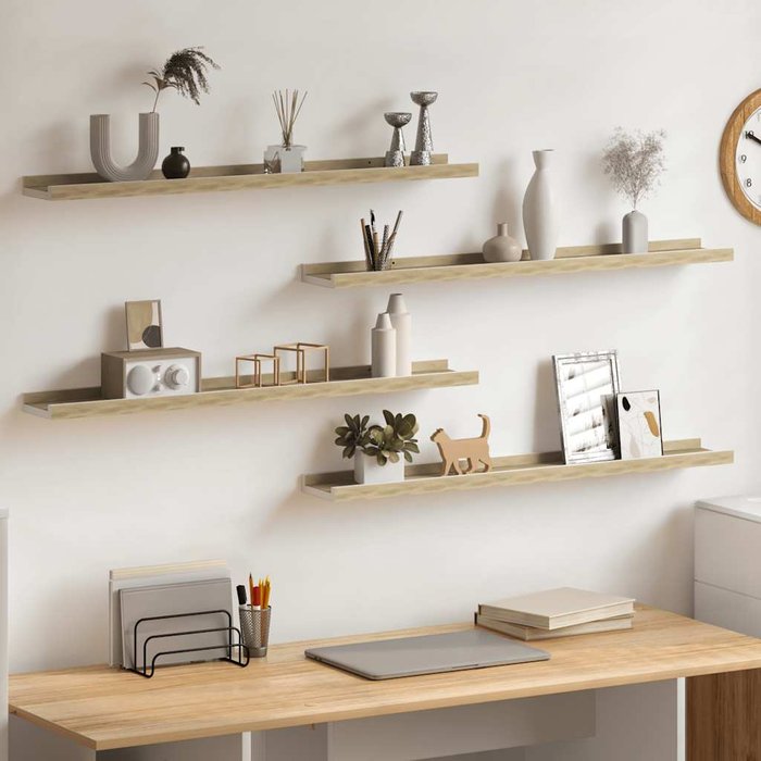 Estantes de pared, 4 piezas, blanco y roble sonoma, 80x9x3 cm