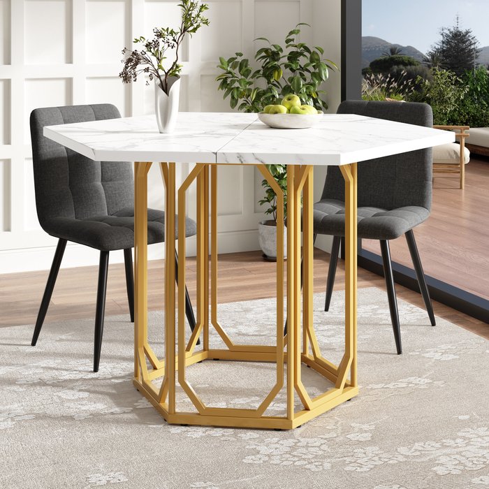 Mesa hexagonal - l 100 x p 95,4 x 75,5 cm - patas de mdf y metal dorado - blanco