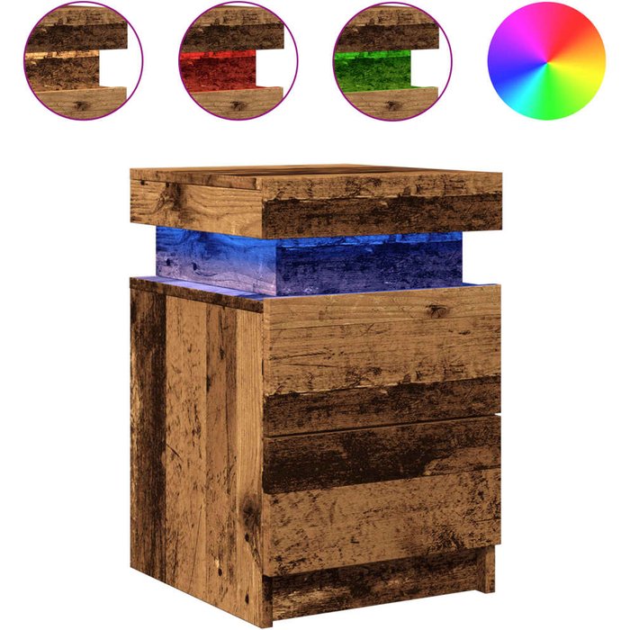 Mesita de noche con led madera ingeniería envejecida 35x39x55cm - comfortxl