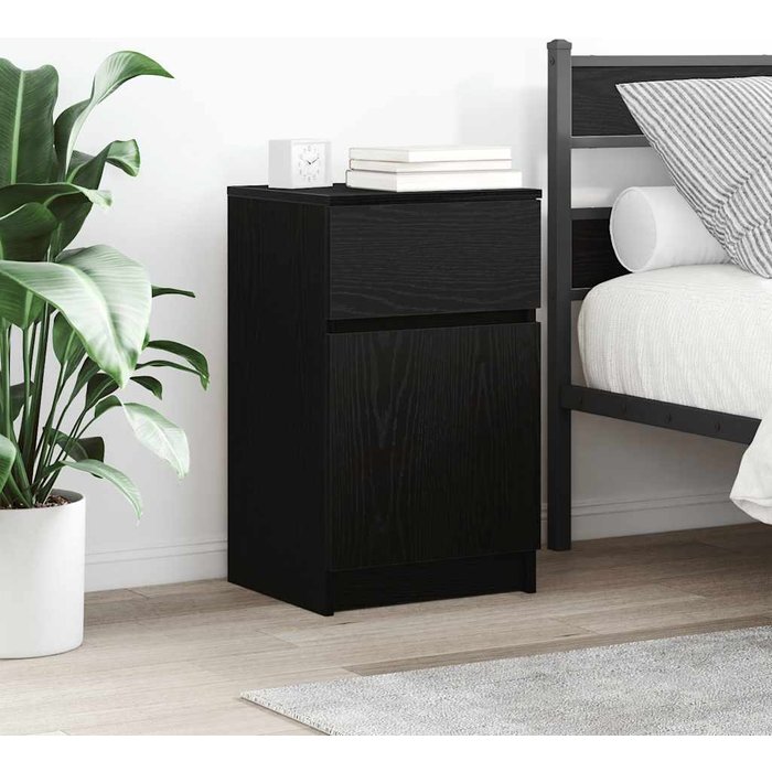 Mesita de noche negra de 39x35x65 cm, fabricada en madera de ingeniería.