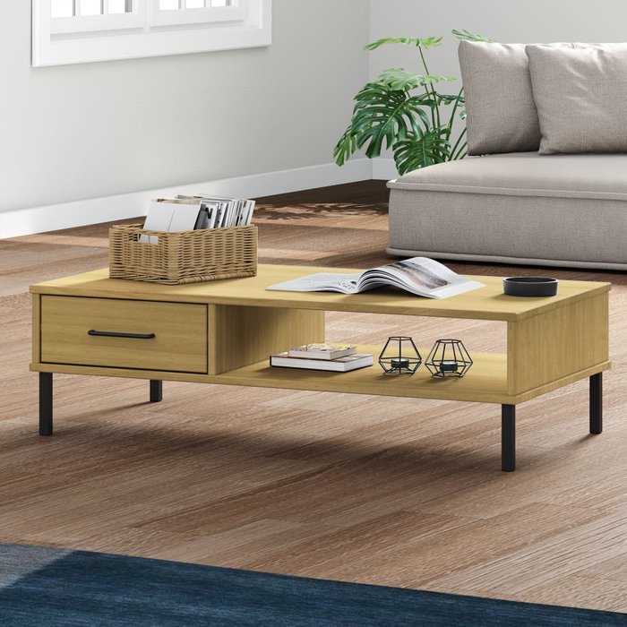 Mesa de centro con patas de metal marrón madera maciza de pino oslo
