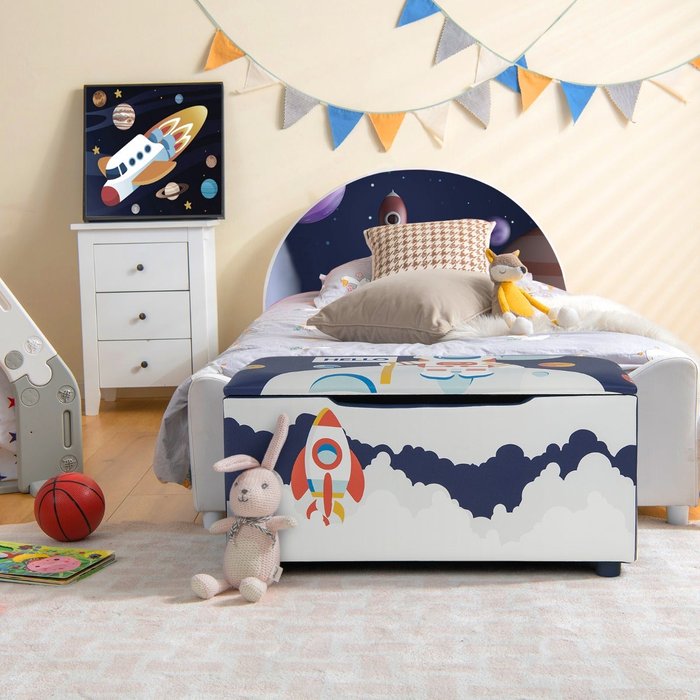 Baúl infantil para juguetes con tapa extraíble 75x36x38cm azul y blanco