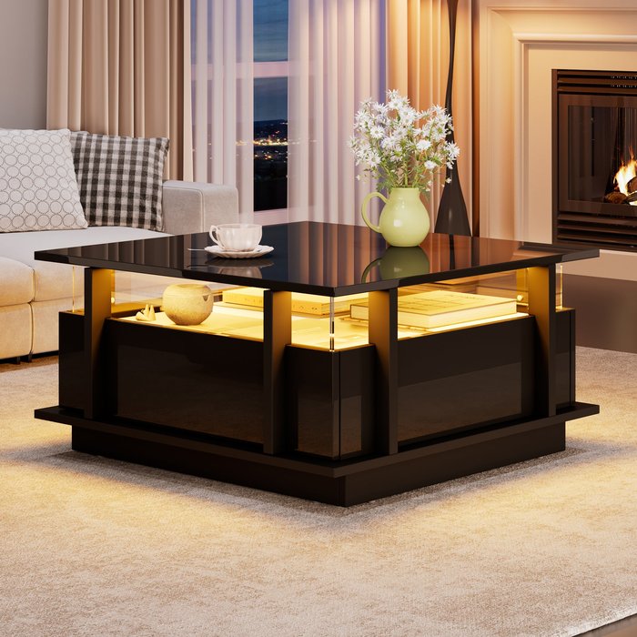 Mesa de centro cuadrada 70 cm, 2 cajones con led, acrílico, negro