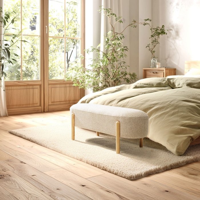 Leopold - banco de tela con efecto lana beige y patas de madera