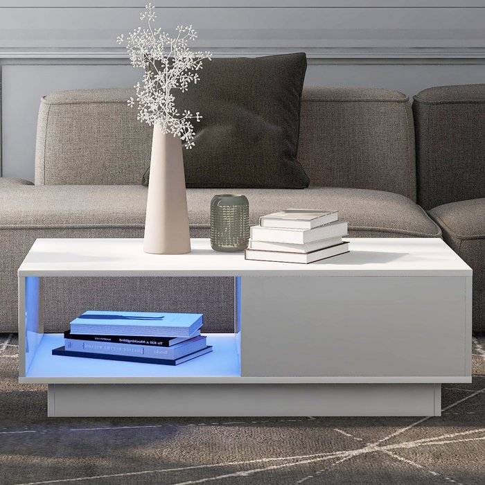 Mesa de centro con luces led y cajón - estilo contemporáneo - blanco