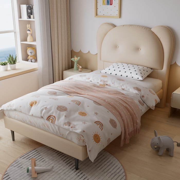 Cama infantil 90x200cm tapizada cabecero forma animal pu beige (sin colchón)