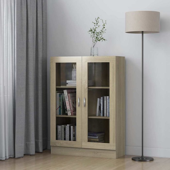 Vitrina sonoma de roble, 82,5 x 30,5 x 115 cm, madera de ingeniería. - pangivo