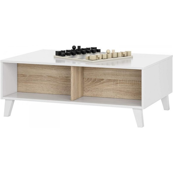 Mesa centro elevable con 2 huecos, color blanco brillo y roble canadian