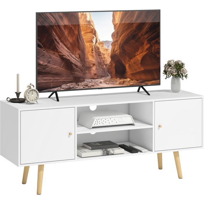 Mueble tv blanco 120cm para tv hasta 55 con 2 puertas y estantes