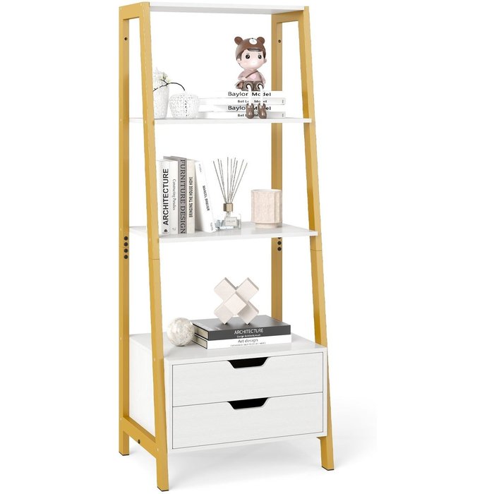 Estantería de escalera independiente con estantes y cajones