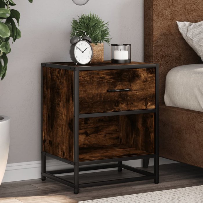 Mesita de noche de roble ahumado, 40x31x50 cm, madera de ingeniería.