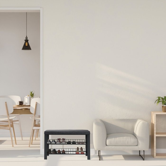 Banco zapatero con asiento tapizado y estante metálico