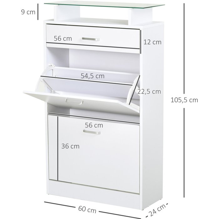 Zapatero 2 puertas 12 pares con cajón y encimera cristal 60x24x105cm blanco