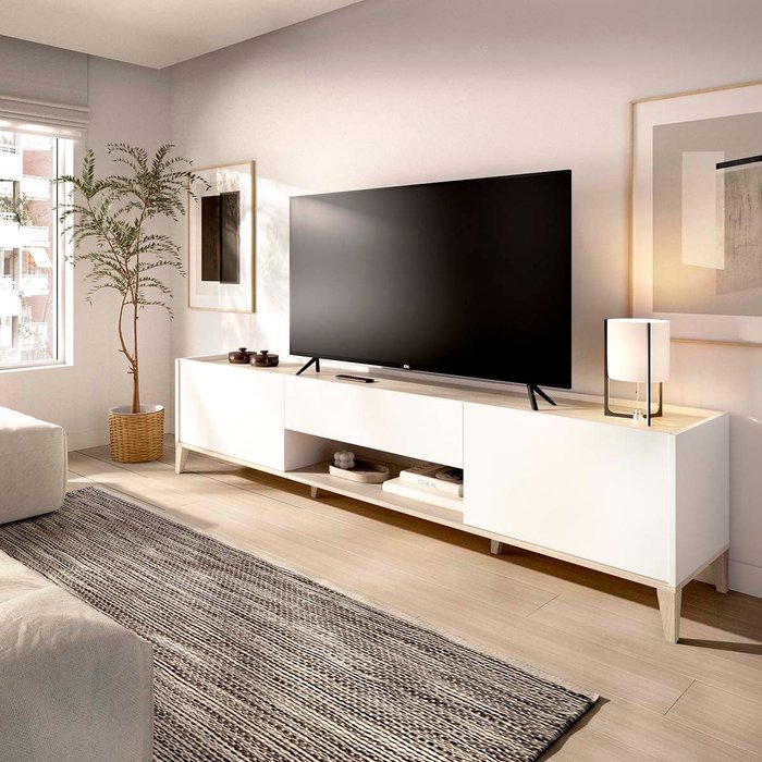 Mueble bajo de tv bari - blanco/roble natural - ancho 196 cm - homekit