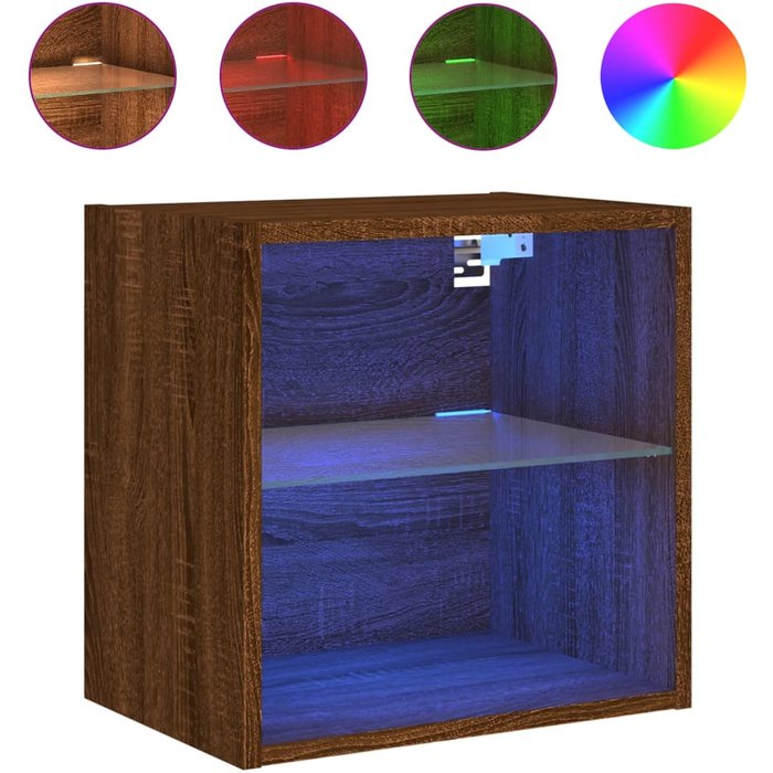 Mesita de noche de pared con luces led en roble marrón - comfortxl