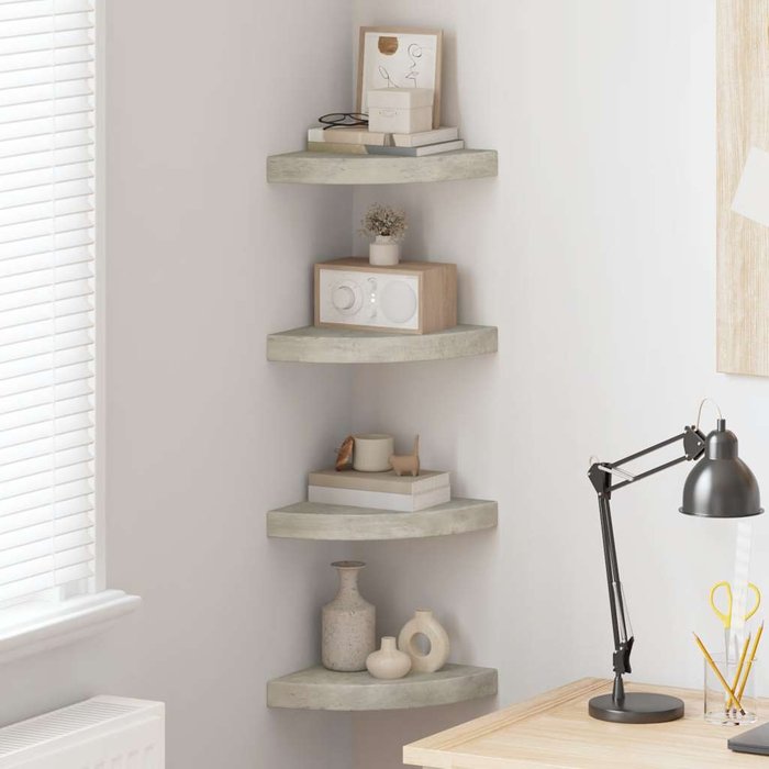 Estantes de esquina para pared, 4 unidades, gris hormigón, 25x25x3,8 cm, mdf