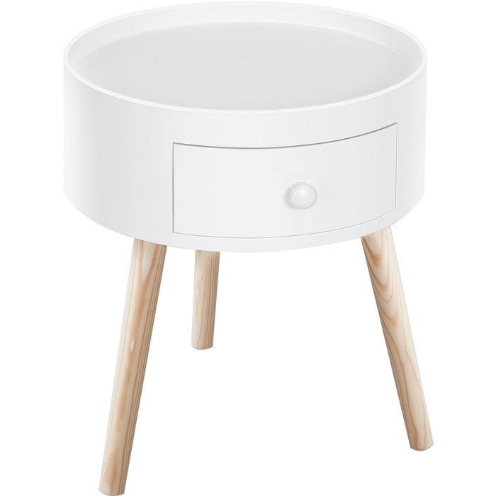 Mesa auxiliar redonda con cajón - 3 patas de madera - blanco (38x38x45cm)