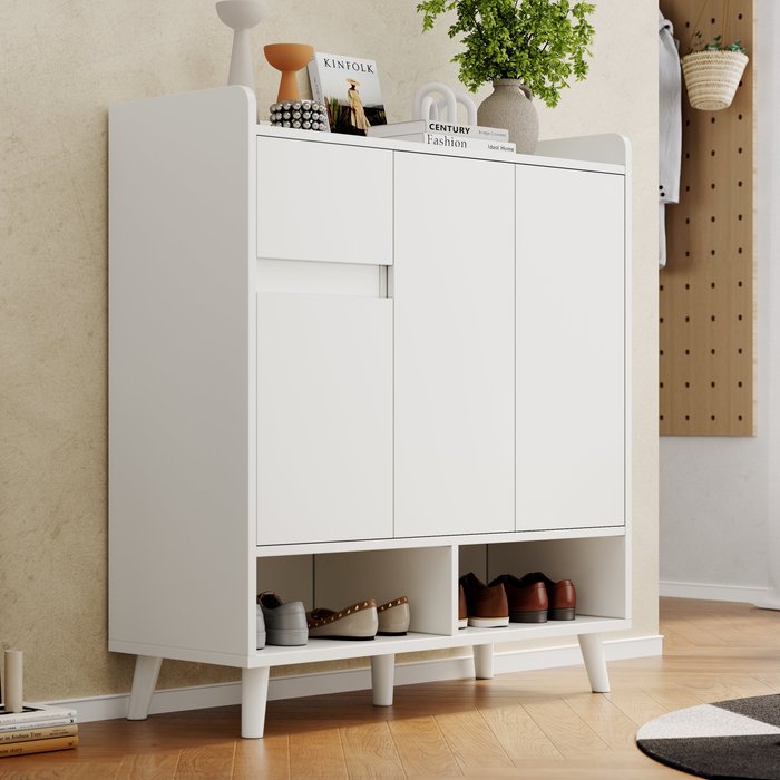 Mueble zapatero 90x35x99 cm con 1 cajón, 3 puertas, estantes regulables, blanco