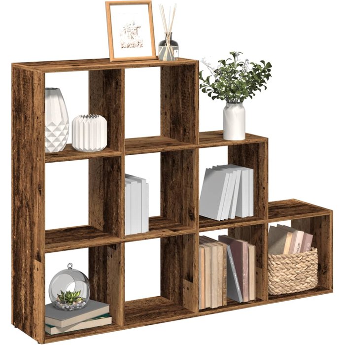 Estante separador de ambientes de 3 niveles de madera vieja.