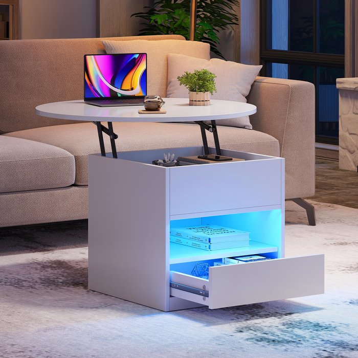 Mesa de centro balconera elevable con iluminación led-80x80x49.5cm - blanco