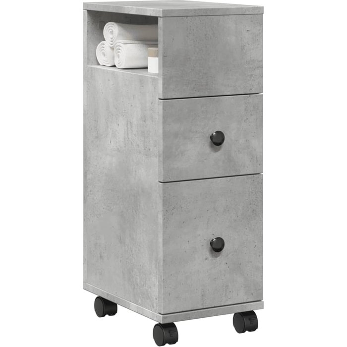 Muebles de baño estrechos con ruedas en gris cemento