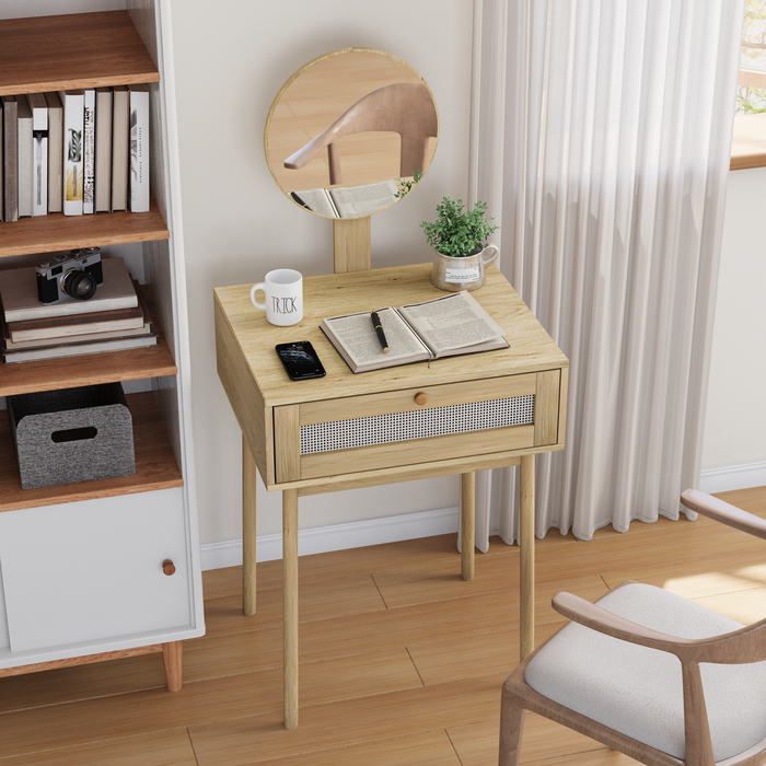 Tocador con 1 cajón/espejo, 60x50x128 cm, sin silla, roble