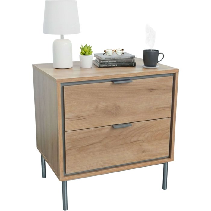 Mesita de noche, mesilla de noche 2 cajones sforza roble natural 53x56x40 cm