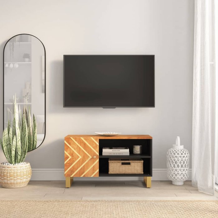 Mueble de tv marrón y negro 80x31,5x46 cm madera maciza de mango