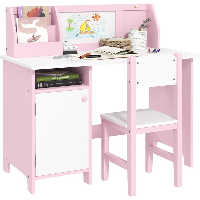 Conjunto mesa y silla infantil madera rosa pizarra blanca 90x45x85cm 5-8 años