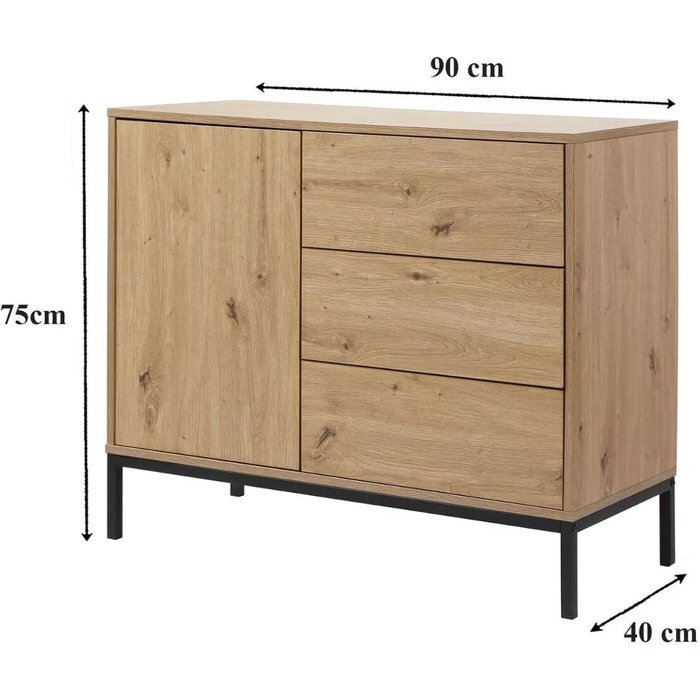 Cómoda 1 puerta 3 cajones decoración roble l90 x h80 cm - lenny