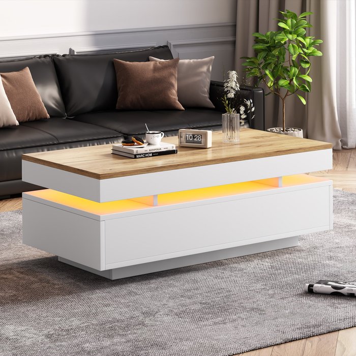 Mesa de centro led 100x50x35 cm con 2 cajones, brillo, blanco + madera