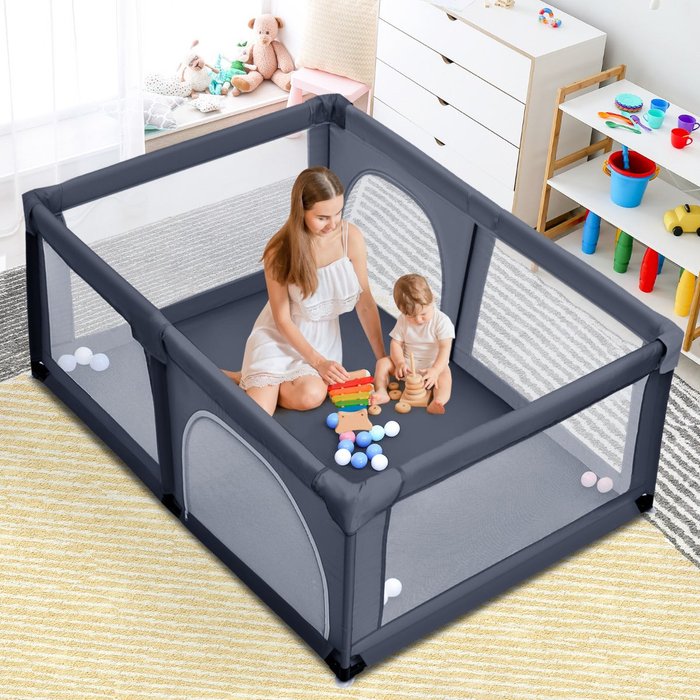 Parque infantil portátil con malla transpirable y cremallera 120x190x69cm gris