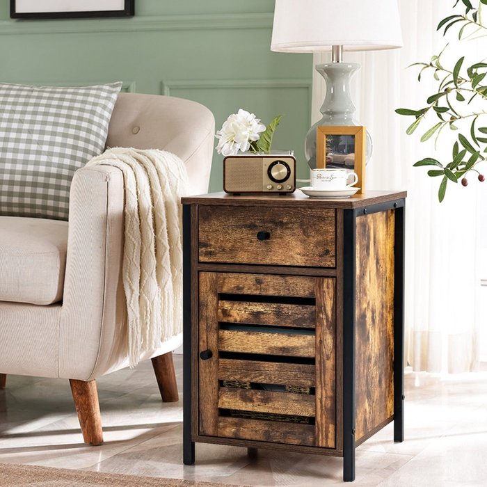 Mesa de noche industrial con cajón y puerta persiana - marrón 40x40x60cm