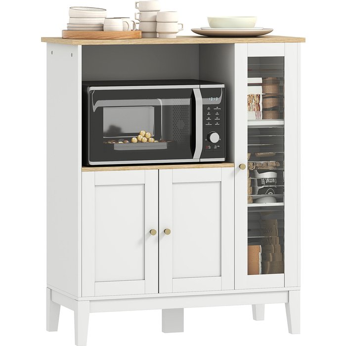 Mueble auxiliar cocina microondas 3 puertas blanco 80x35x97cm anti-vuelco