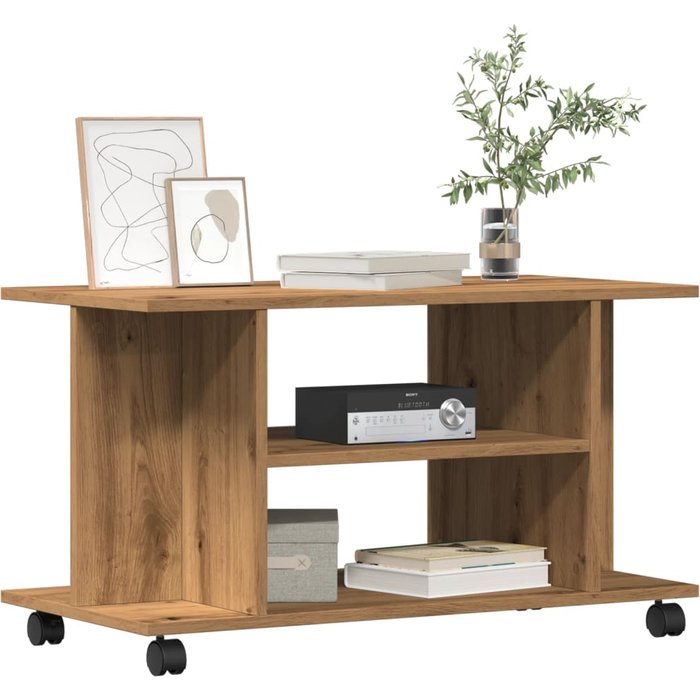 Mueble tv con ruedas en madera de contrachapada artesanal de roble 80x40x45 cm
