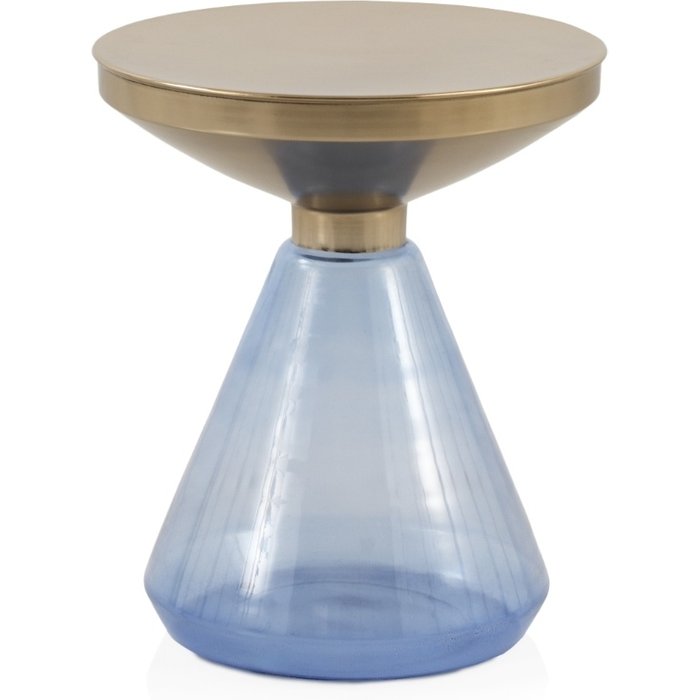 Mesa auxiliar con base de cristal azul y sobre de metal dorado