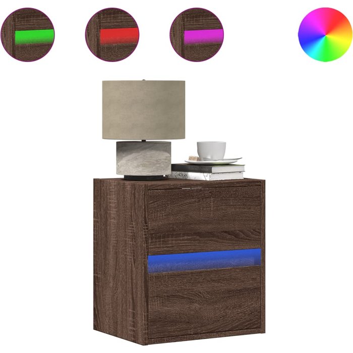 Mesita de noche,mesilla de noche de pared con luces led roble marrón cfw553995