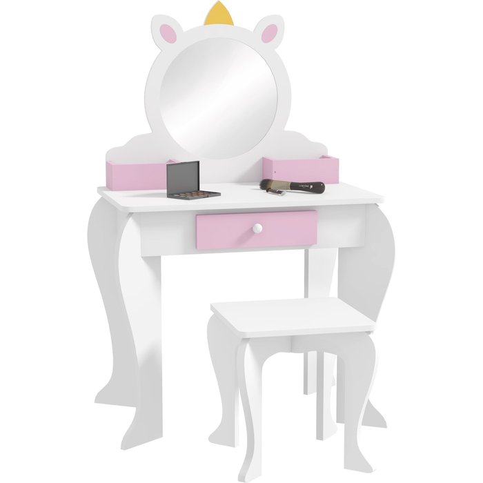 Tocador infantil unicornio con taburete y espejo - blanco/rosa 3-6 años