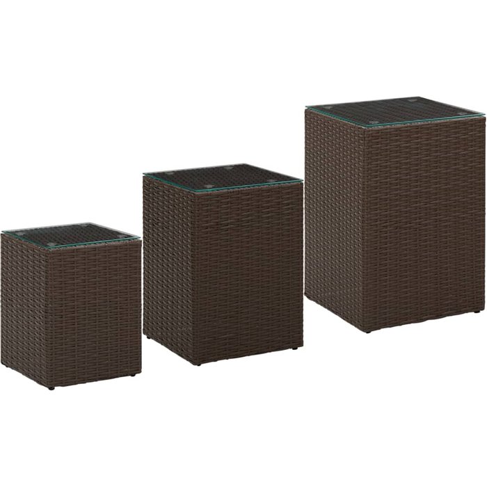 Mesas auxiliares 3 piezas y tapa de cristal mimbre resina marrón