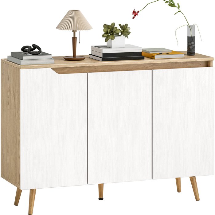 Aparador 3 puertas roble blanco 107cm - estantes ajustables patas madera