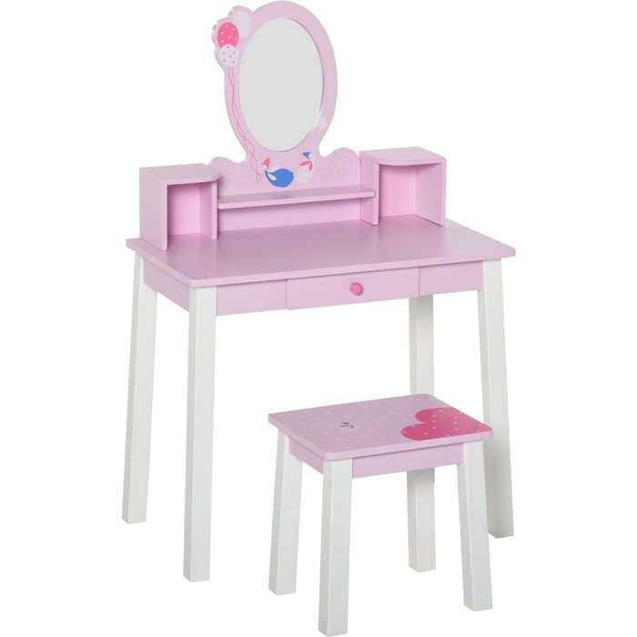 Tocador, tocador infantil de madera con taburete (rosa)