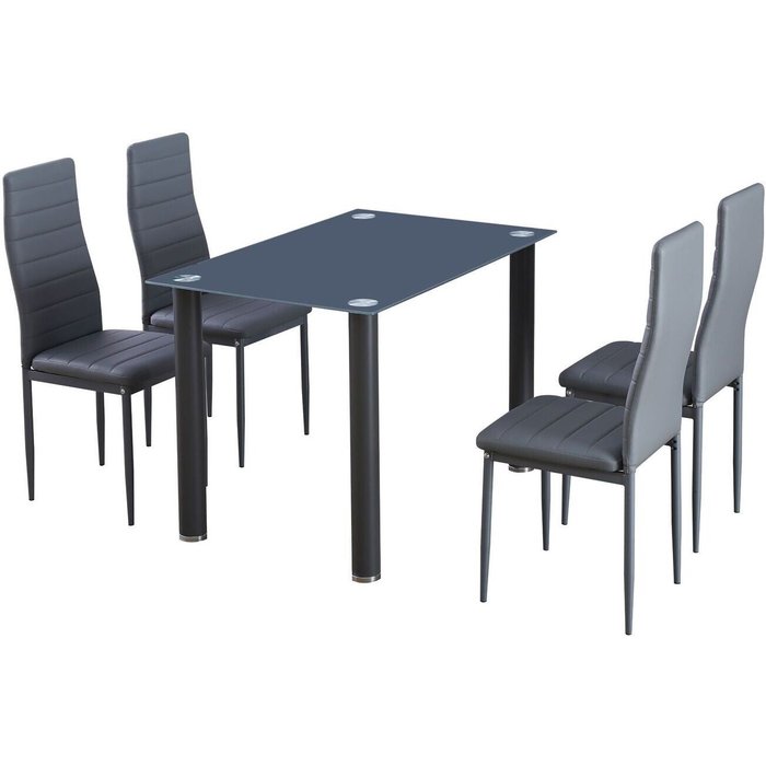 Mesa de cristal templado + 4 sillas polipiel. comedor o cocina, gris
