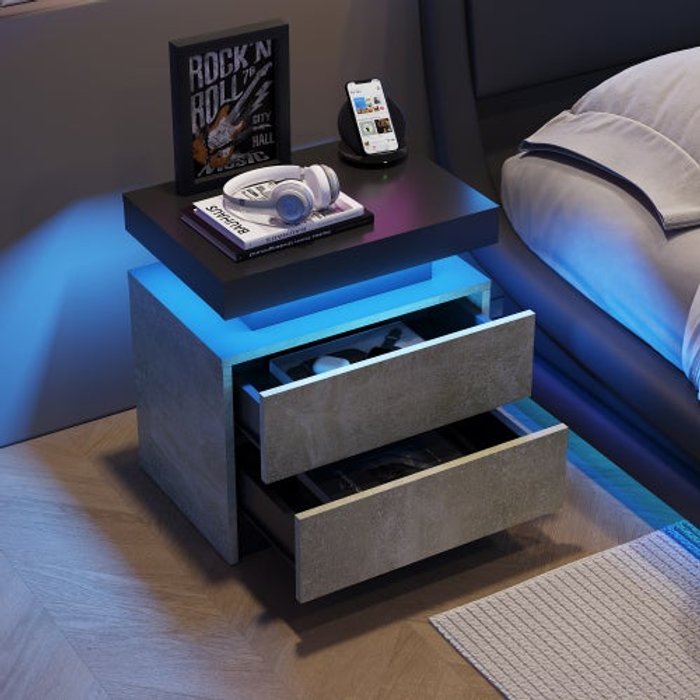 Mesita de noche led moderna con 2 cajones, mueble de cabecera gris - comfortxl